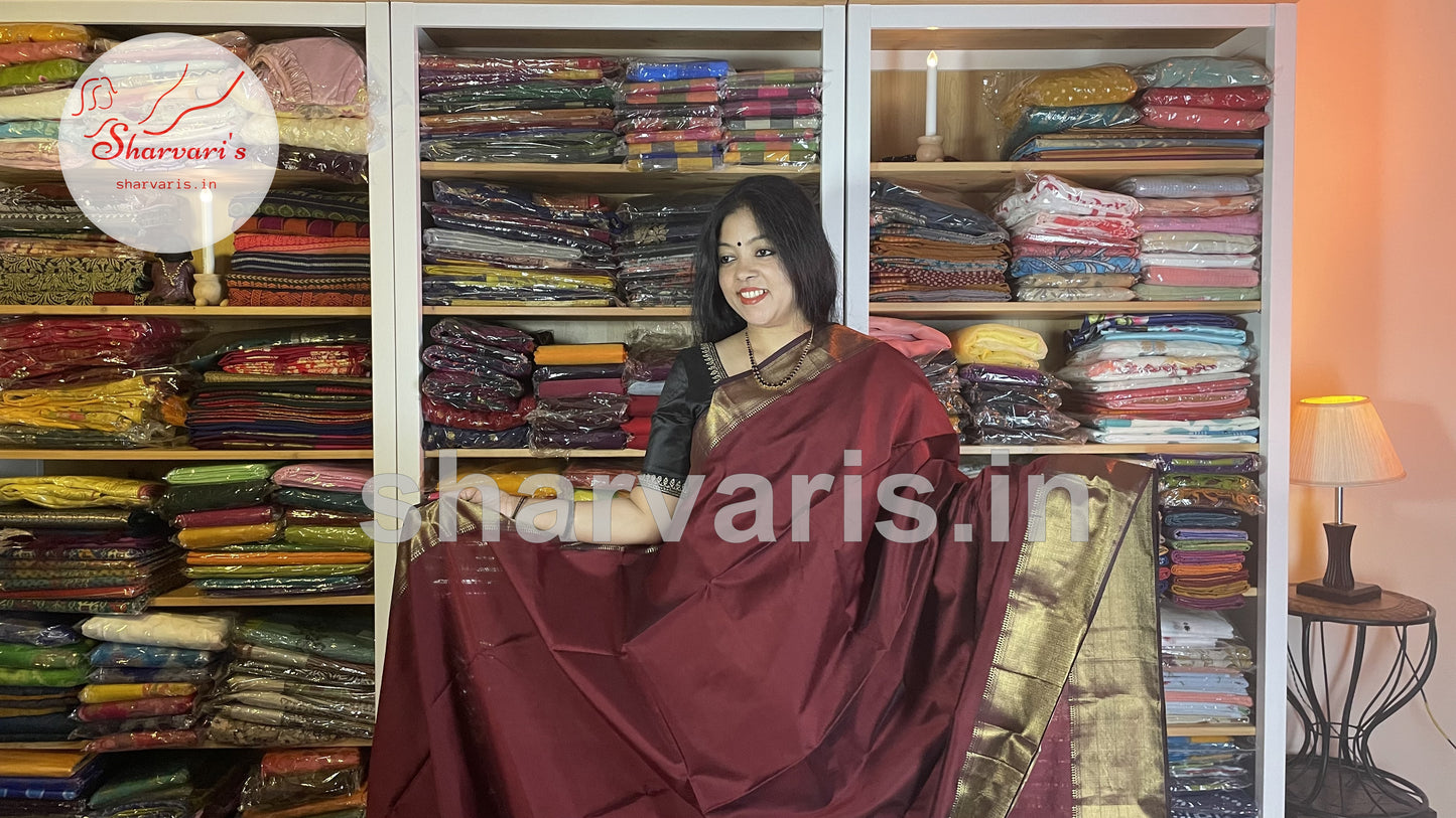 Deep Brown Plain Maheshwari Silk Cotton Saree with Rich Long and Short Zari Borders