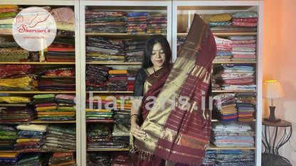 Deep Brown Plain Maheshwari Silk Cotton Saree with Rich Long and Short Zari Borders