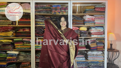 Deep Brown Plain Maheshwari Silk Cotton Saree with Rich Long and Short Zari Borders