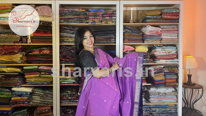 Lavender and Blue Maheshwari Silk Cotton Saree with Floral Buttas and Zari Borders