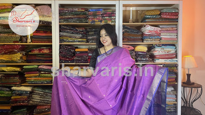 Lavender and Blue Maheshwari Silk Cotton Saree with Floral Buttas and Zari Borders