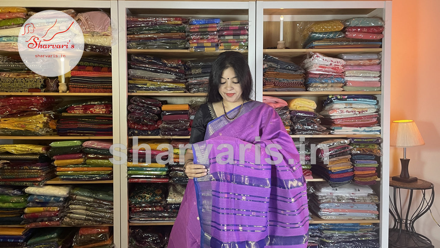 Lavender and Blue Maheshwari Silk Cotton Saree with Floral Buttas and Zari Borders