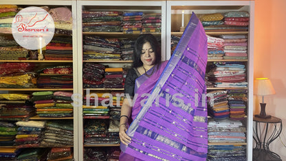 Lavender and Blue Maheshwari Silk Cotton Saree with Floral Buttas and Zari Borders