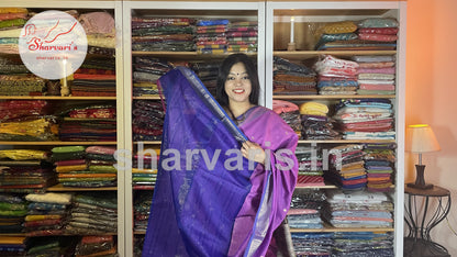 Lavender and Blue Maheshwari Silk Cotton Saree with Floral Buttas and Zari Borders