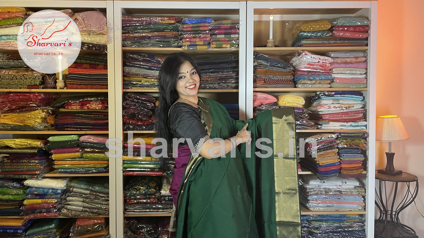 Bottle Green Maheshwari Silk Cotton Saree with Rich Long and Short Borders