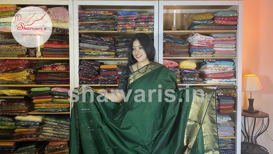 Bottle Green Maheshwari Silk Cotton Saree with Rich Long and Short Borders