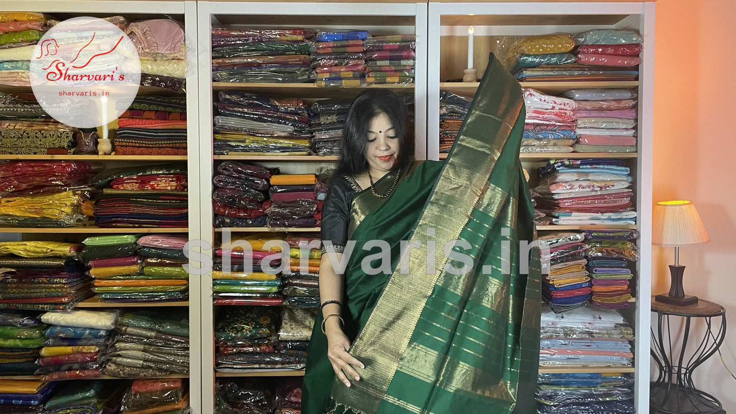 Bottle Green Maheshwari Silk Cotton Saree with Rich Long and Short Borders