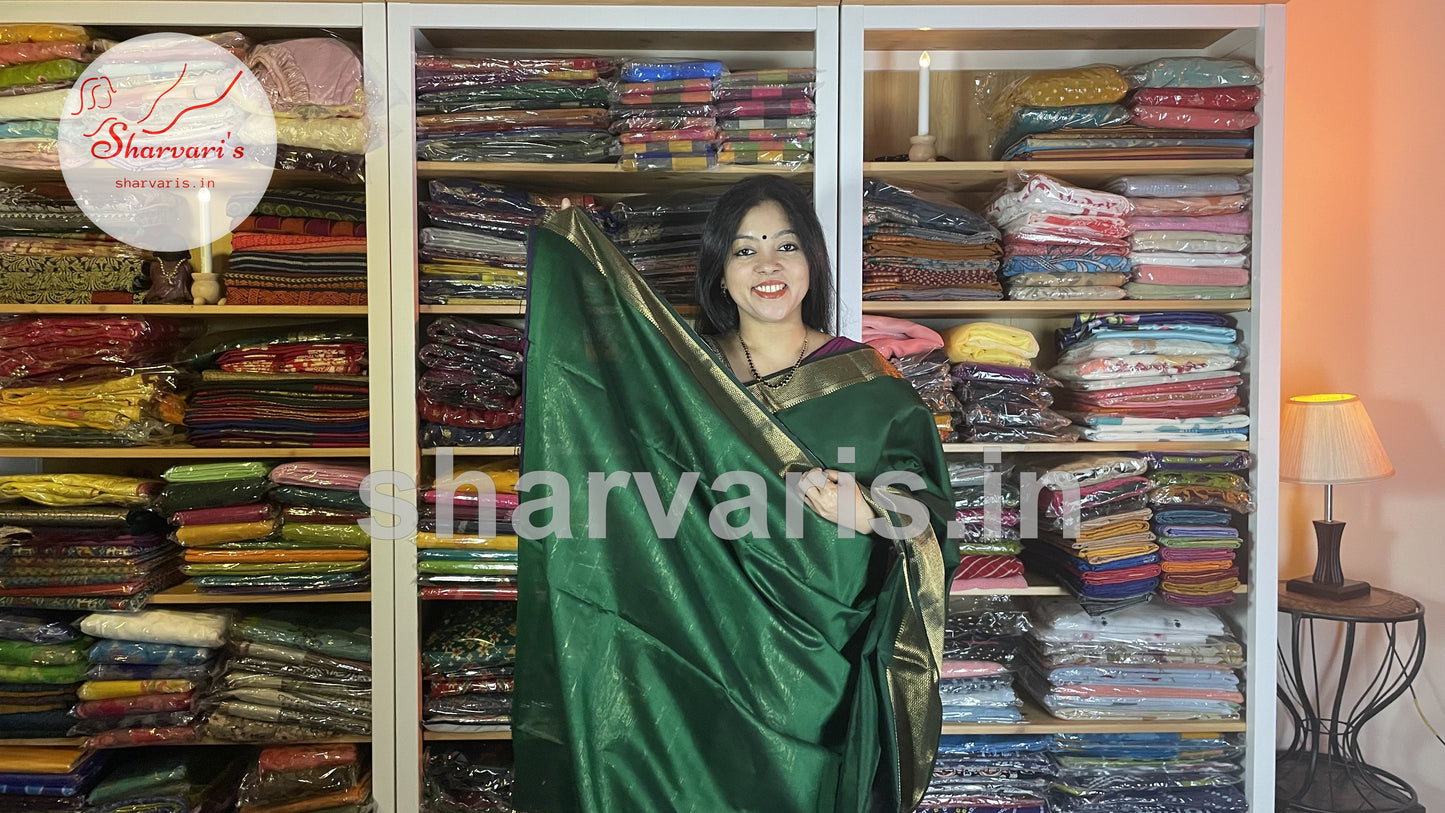 Bottle Green Maheshwari Silk Cotton Saree with Rich Long and Short Borders