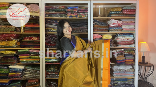 Golden Brown Maheshwari Silk Cotton Saree with Ganga Jamuna Resham Borders