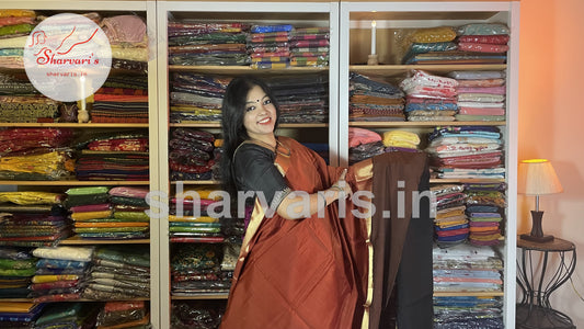 Brown and Dark Brown Maheshwari Silk Cotton Saree with Long and Short Borders
