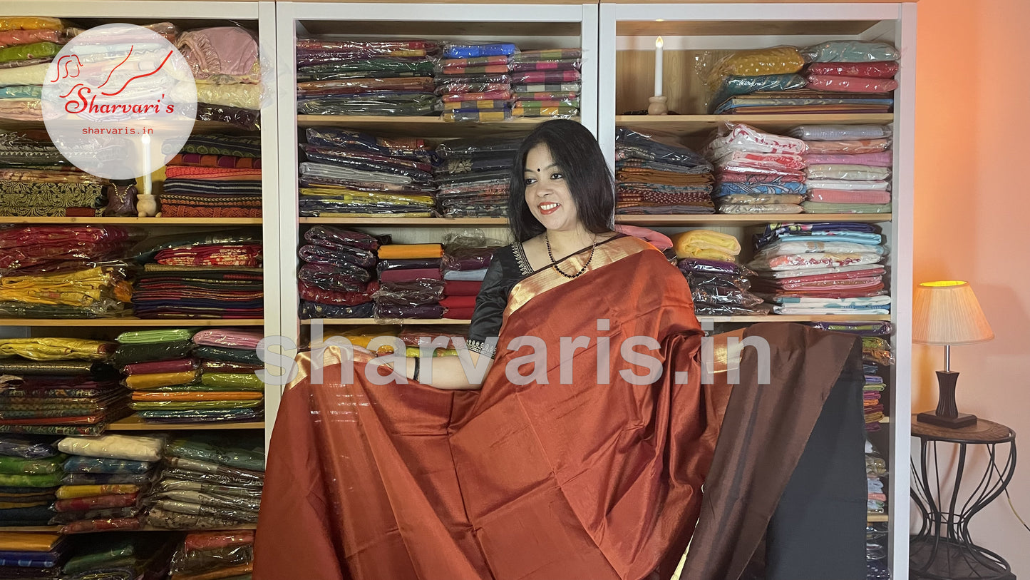 Brown and Dark Brown Maheshwari Silk Cotton Saree with Long and Short Borders