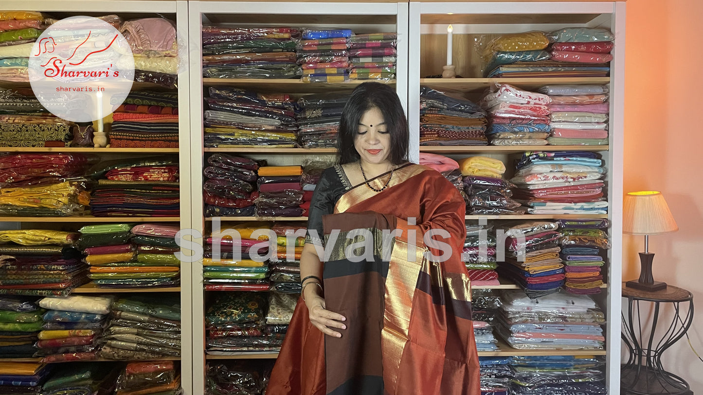 Brown and Dark Brown Maheshwari Silk Cotton Saree with Long and Short Borders