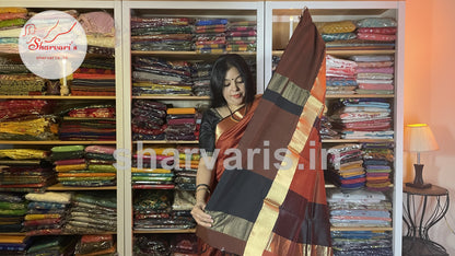 Brown and Dark Brown Maheshwari Silk Cotton Saree with Long and Short Borders