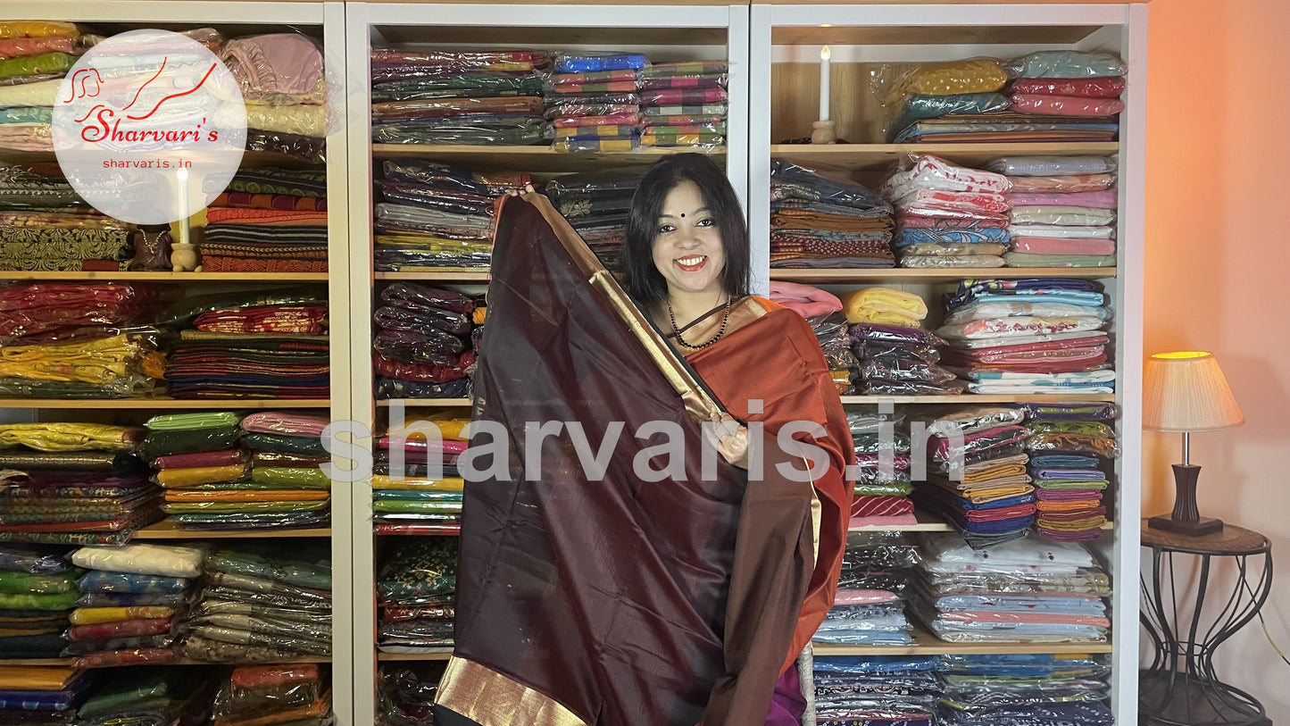 Brown and Dark Brown Maheshwari Silk Cotton Saree with Long and Short Borders