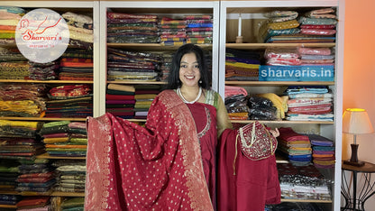 Maroon Chanderi Silk Dress Material with Zardozi Embroidery and Complimentary Potli