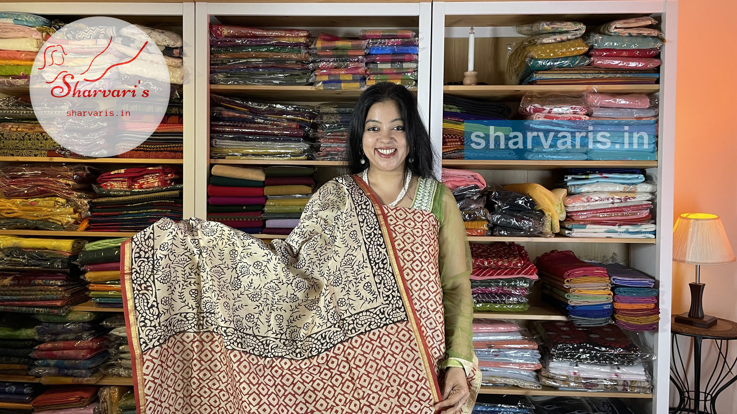 Beige, Maroon and Black Chanderi Silk Cotton Dress Material with Kalamkari patterns