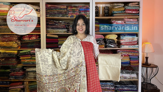 Red and Beige Madhubani Art Jute Semi Silk Dress Material