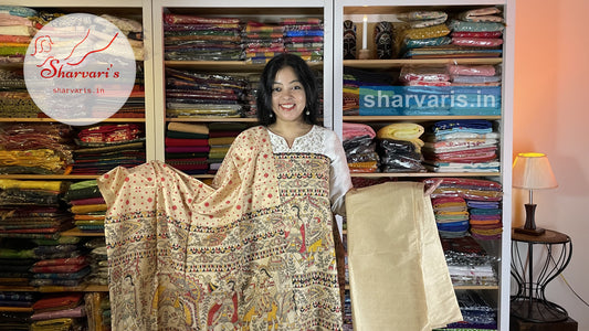 Beige, Yellow and Red Madhubani Art Katan Semi Silk Dress Material