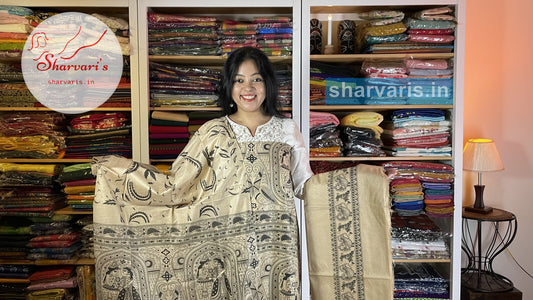 Beige and Black Semi Silk Dress Material with Madhubani Art