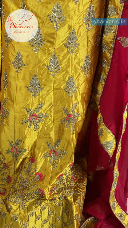 Yellow and Red Satin Silk Lehenga with Rich Embroidery