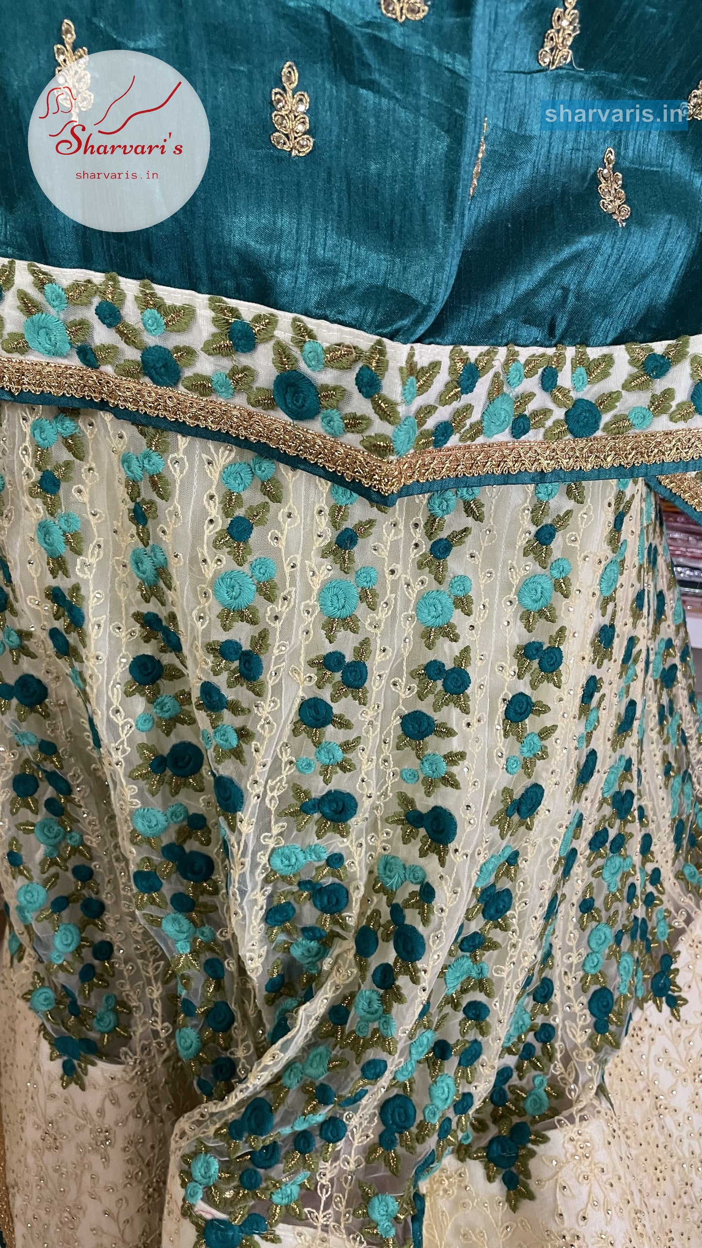 Off White and Peacock Green Party Wear Lehenga