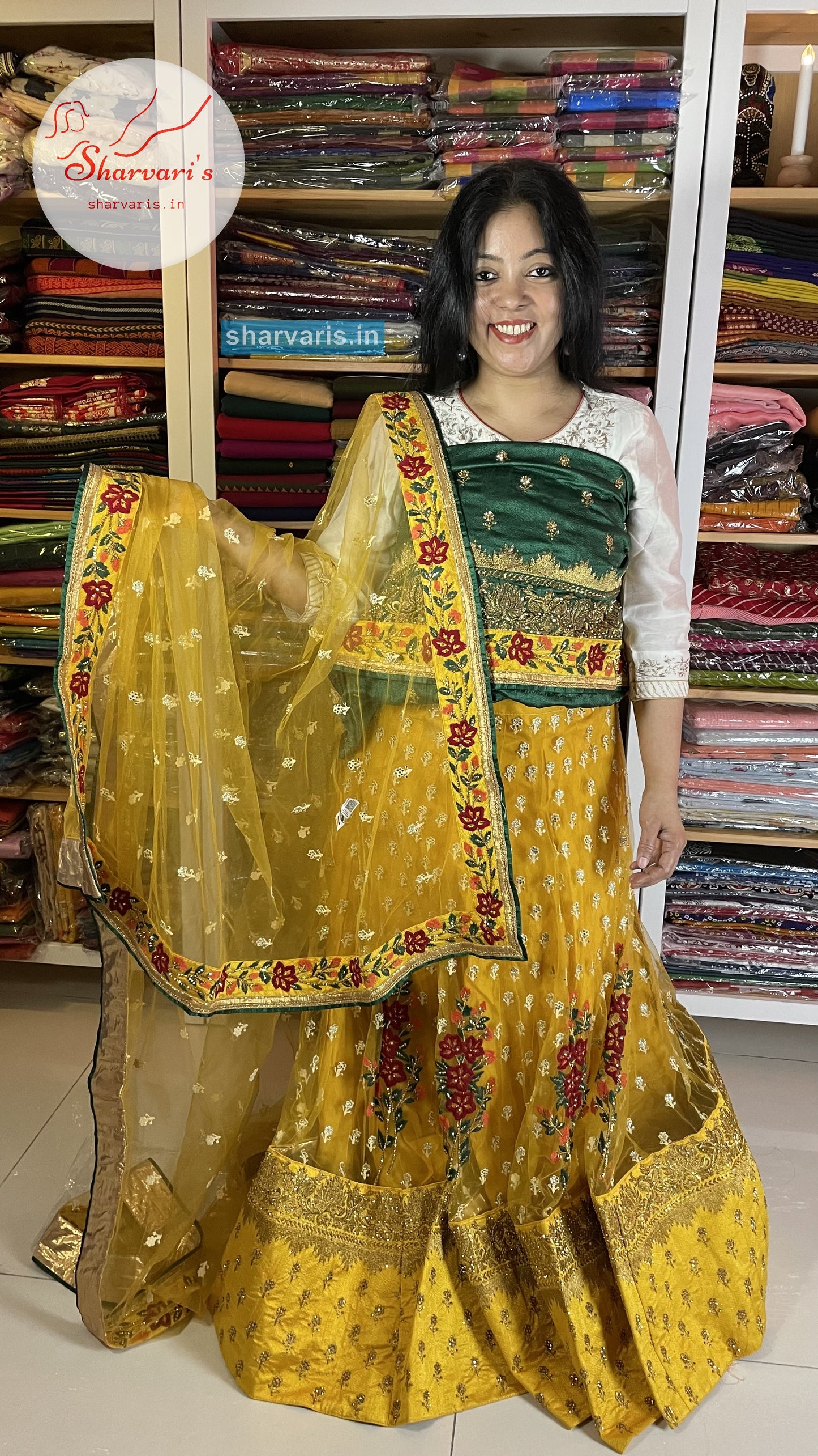 Yellow and Peacock Green Party Wear Lehenga