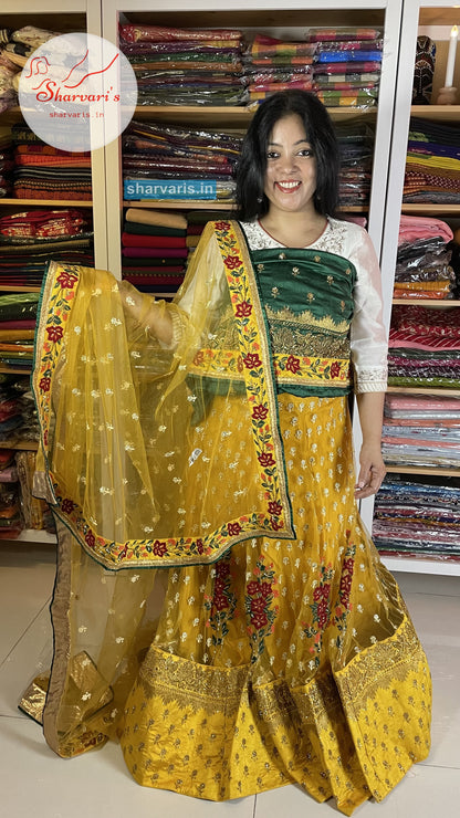 Yellow and Peacock Green Party Wear Lehenga