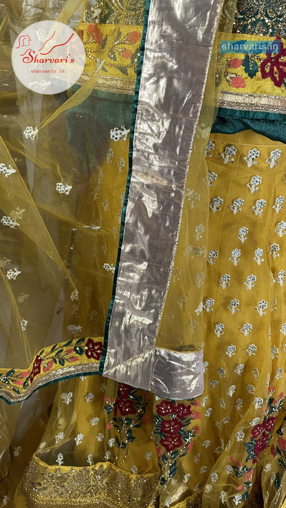 Yellow and Peacock Green Party Wear Lehenga