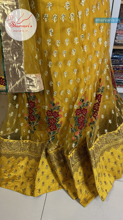 Yellow and Peacock Green Party Wear Lehenga