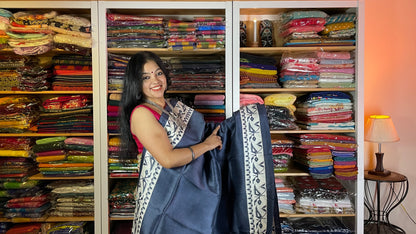 Grey Murshidabad Silk Saree with Innovative Prints