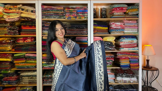 Grey Murshidabad Silk Saree with Innovative Prints