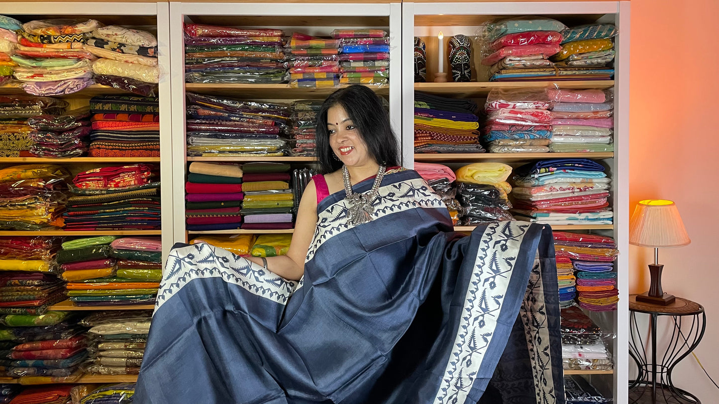 Grey Murshidabad Silk Saree with Innovative Prints