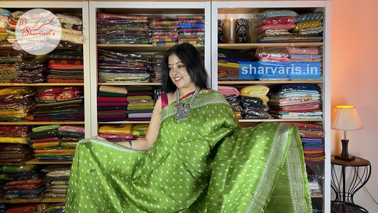 Parrot Green Murshidabad Silk Saree with Attractive Prints