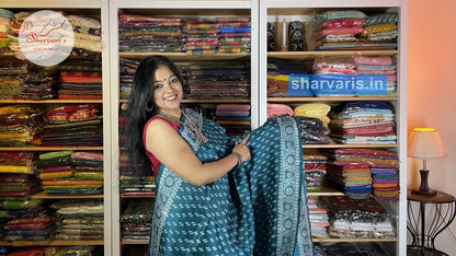 Peacock Blue Murshidabad Silk Saree with Attractive Prints