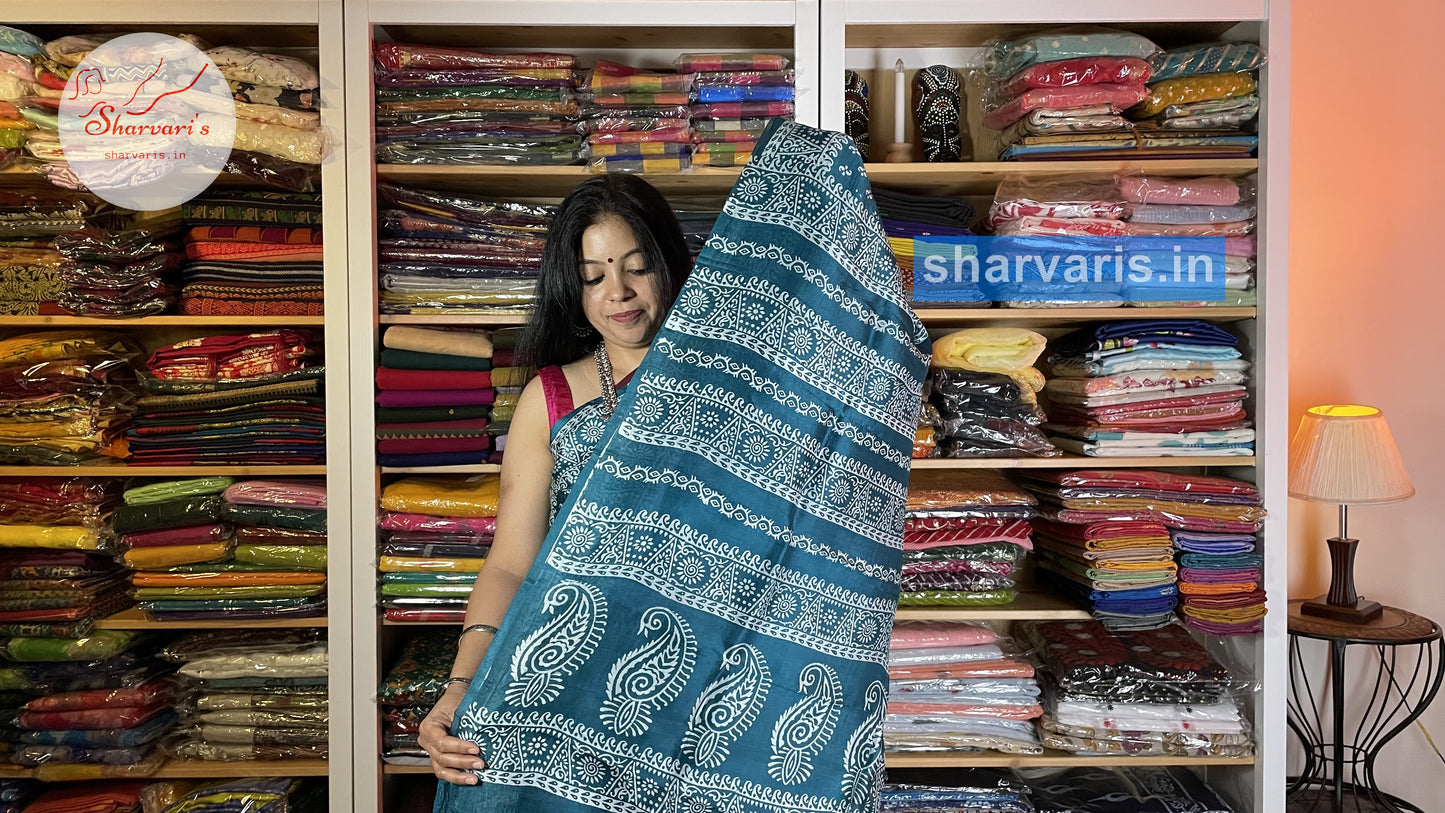 Peacock Blue Murshidabad Silk Saree with Attractive Prints