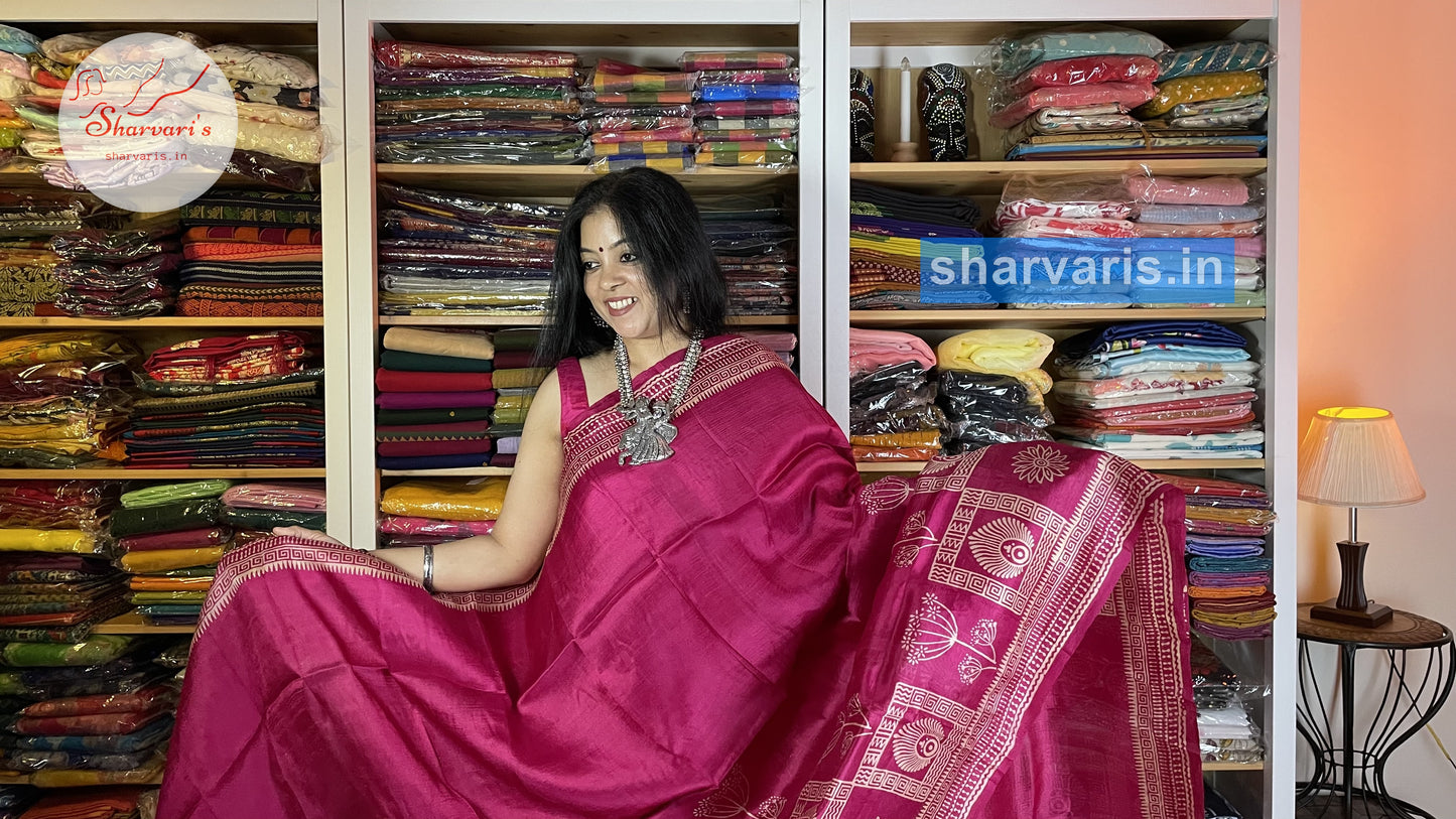 Magenta Murshidabad Silk Saree with Attractive Prints