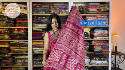 Magenta Murshidabad Silk Saree with Attractive Prints