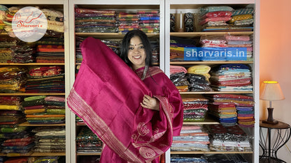 Magenta Murshidabad Silk Saree with Attractive Prints