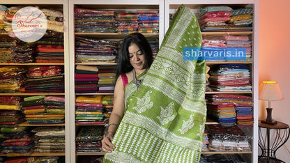 Parrot Green Murshidabad Silk Saree with Small Prints