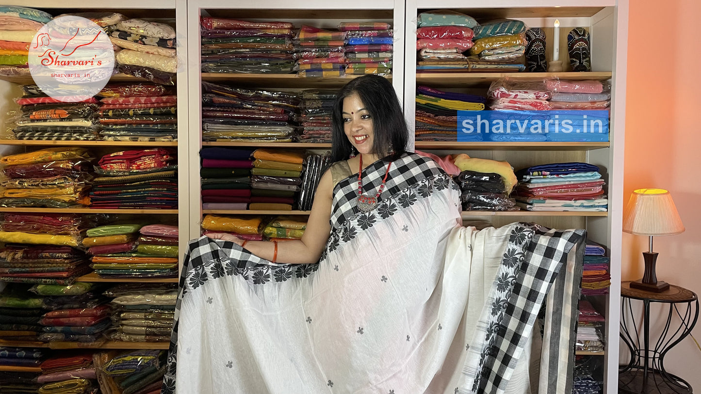 White and Black Very Soft Bengal Cotton Saree with Checks Borders