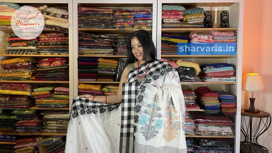 White and Black Very Soft Bengal Cotton Saree with Checks Borders