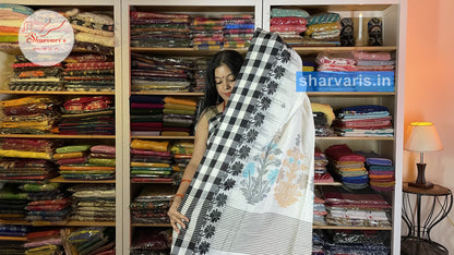 White and Black Very Soft Bengal Cotton Saree with Checks Borders