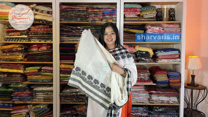 White and Black Very Soft Bengal Cotton Saree with Checks Borders