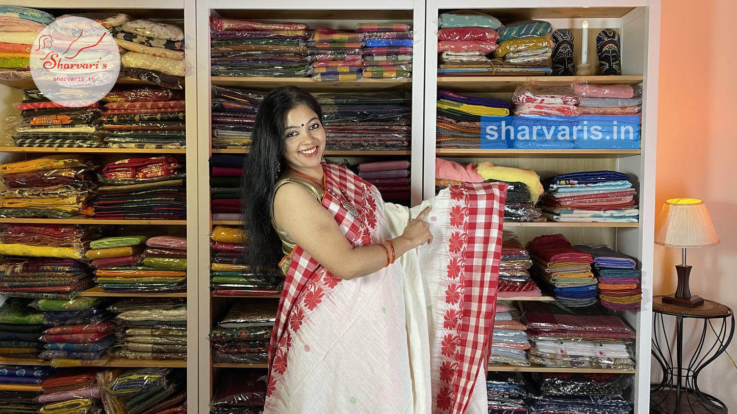 White and Red Very Soft Bengal Cotton Saree with Checks Borders