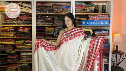 White and Red Very Soft Bengal Cotton Saree with Checks Borders