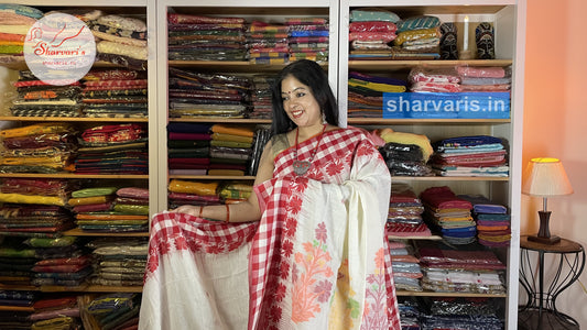 White and Red Very Soft Bengal Cotton Saree with Checks Borders