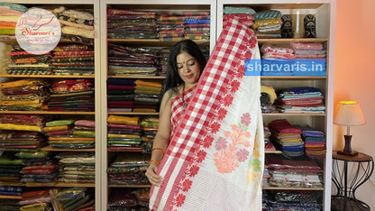 White and Red Very Soft Bengal Cotton Saree with Checks Borders