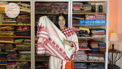 White and Red Very Soft Bengal Cotton Saree with Checks Borders