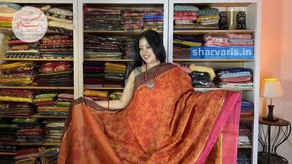 Orange Lightweight Silk Cotton Saree with Pochampally Prints