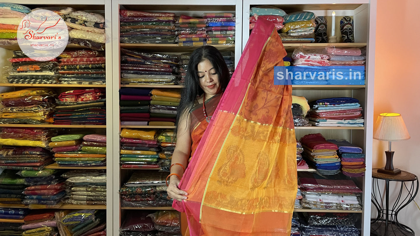 Orange Lightweight Silk Cotton Saree with Pochampally Prints